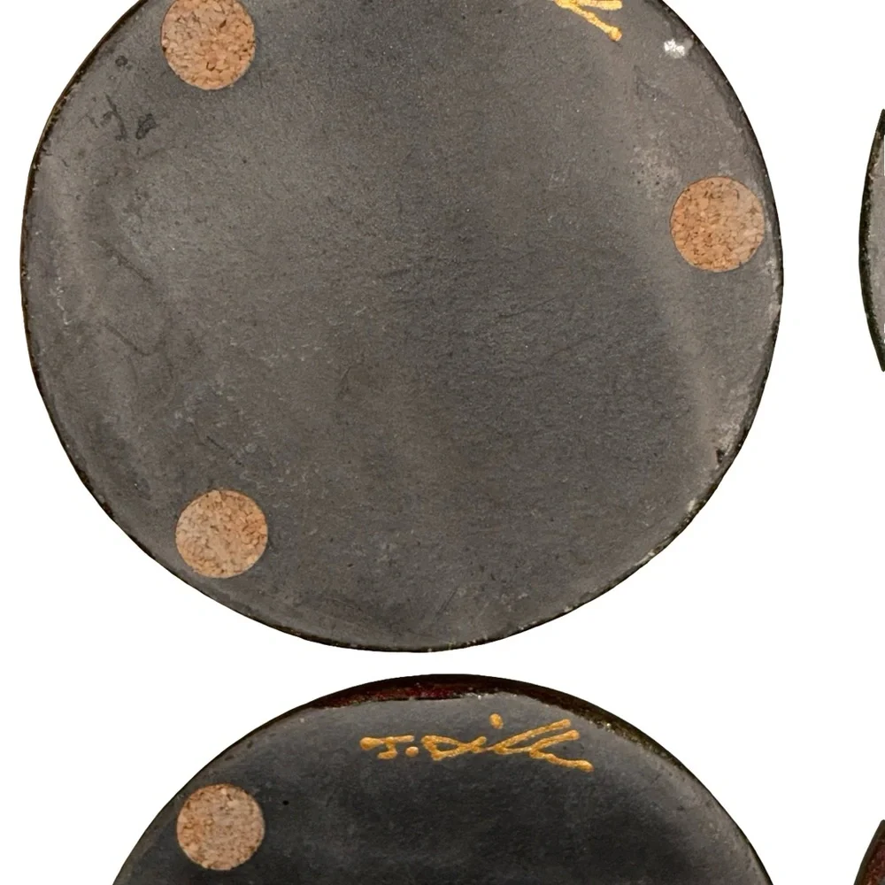 New! Raku Pottery Works Sighed J. Diller Bear Design Coasters Set of 4